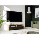 PILVI TV cabinet - Contemporary style - Oak and Black decor - 2 flaps + 2 niches - L 95 x D 36 x H 34.5 cm - Image 2