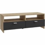 PILVI TV cabinet - Contemporary style - Oak and Black decor - 2 flaps + 2 niches - L 95 x D 36 x H 34.5 cm - Image 3