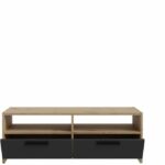 PILVI TV cabinet - Contemporary style - Oak and Black decor - 2 flaps + 2 niches - L 95 x D 36 x H 34.5 cm - Image 5