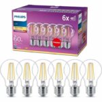Philips, pack of 6 E27 transparent LED bulbs 60W, warm white