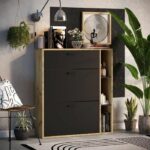 LEONA 2-Door Shoe Cabinet - Black Melamine and Rustic Oak Surround - 8 to 10 Pairs - L90 x D25 x H102 cm - Image 2