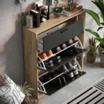 LEONA 2-Door Shoe Cabinet - Black Melamine and Rustic Oak Surround - 8 to 10 Pairs - L90 x D25 x H102 cm - Image 5