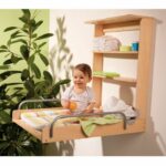 Wall-mounted folding changing table - ROBA - DSCHUNGELBABY - Multi-coloured striped mattress included - 2 integrated shelves - Natural wood - Image 2