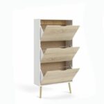 Shoe cabinet - White / Oak - 12 pairs - Solid wood flared base - 70.2 x 23.9 x 138.9 cm - Image 6