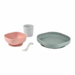 BEABA, Baby Silicone Meal Box, With Suction Cup, Non-slip, 4 Pieces, Plate + Bowl + Glass + Spoon, Eucalyptus - Image 2