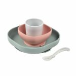 BEABA, Baby Silicone Meal Box, With Suction Cup, Non-slip, 4 Pieces, Plate + Bowl + Glass + Spoon, Eucalyptus