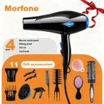 MORFONE 12-Piece Professional Salon-Grade Hairdryer Set in Black, 220V-240V, complete with hair clips, cushion brush and other a