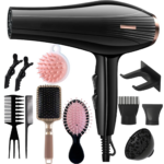 MORFONE 12-Piece Black and Gold Salon-Style Hairdryer Set, 220V-240V, includes hair clips and cushion brushes with accessories,