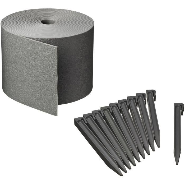 Garden edging – NATURE – Grey – Recycled PE, thickness 3 mm – H15 cm x 10 m – 10 Grey anchors – H26.7 x 1.9 x 1.8 cm